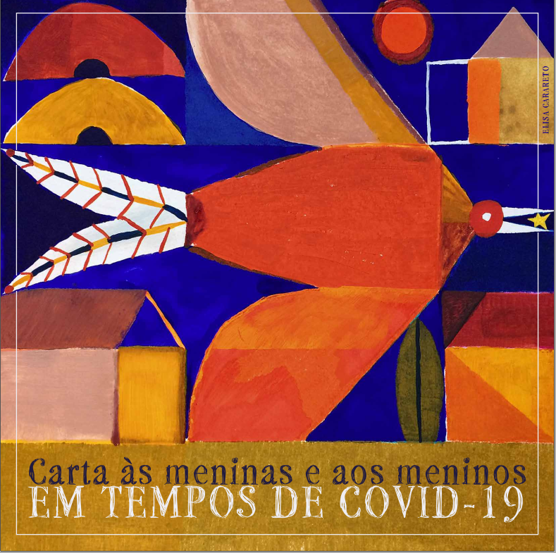 mosaico de com as cores vermelho, azul, amarelo e branco, formando um pássaro e o título do livro destacado em branco.