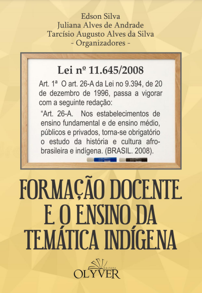 Nome dos autores no topo, fundo amarelado, parte do texto da lei 11645/08 colado em um quadro branco e o título do livro em caixa alta embaixo