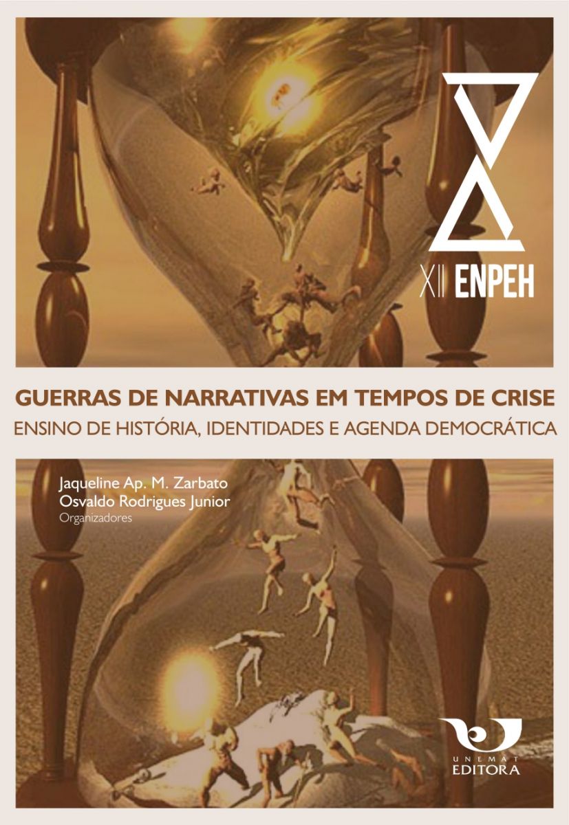 Ampulheta com pessoas caindo no lugar da areia. Fundo dourado. Símbolo do ENPEH no canto superior a direita. Título em destaca no centro da imagem.