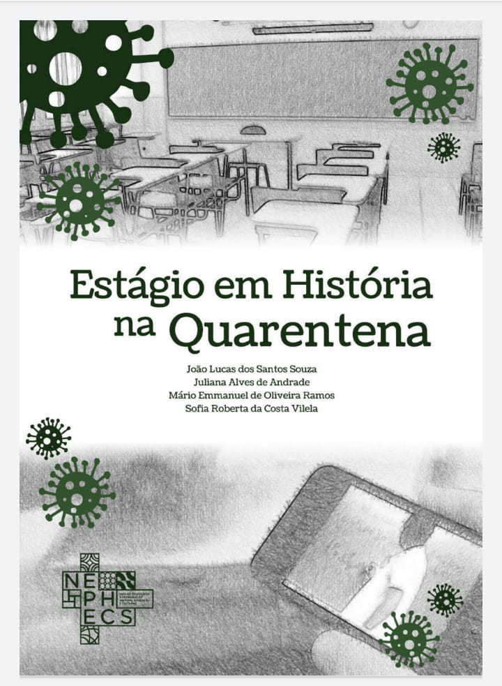 Capa em preto e branco. Imagem divida ao meio pelo título. Acima foto de uma sala de aula com as carteiras em fileiras, abaixo um celular com imagens do vírus.