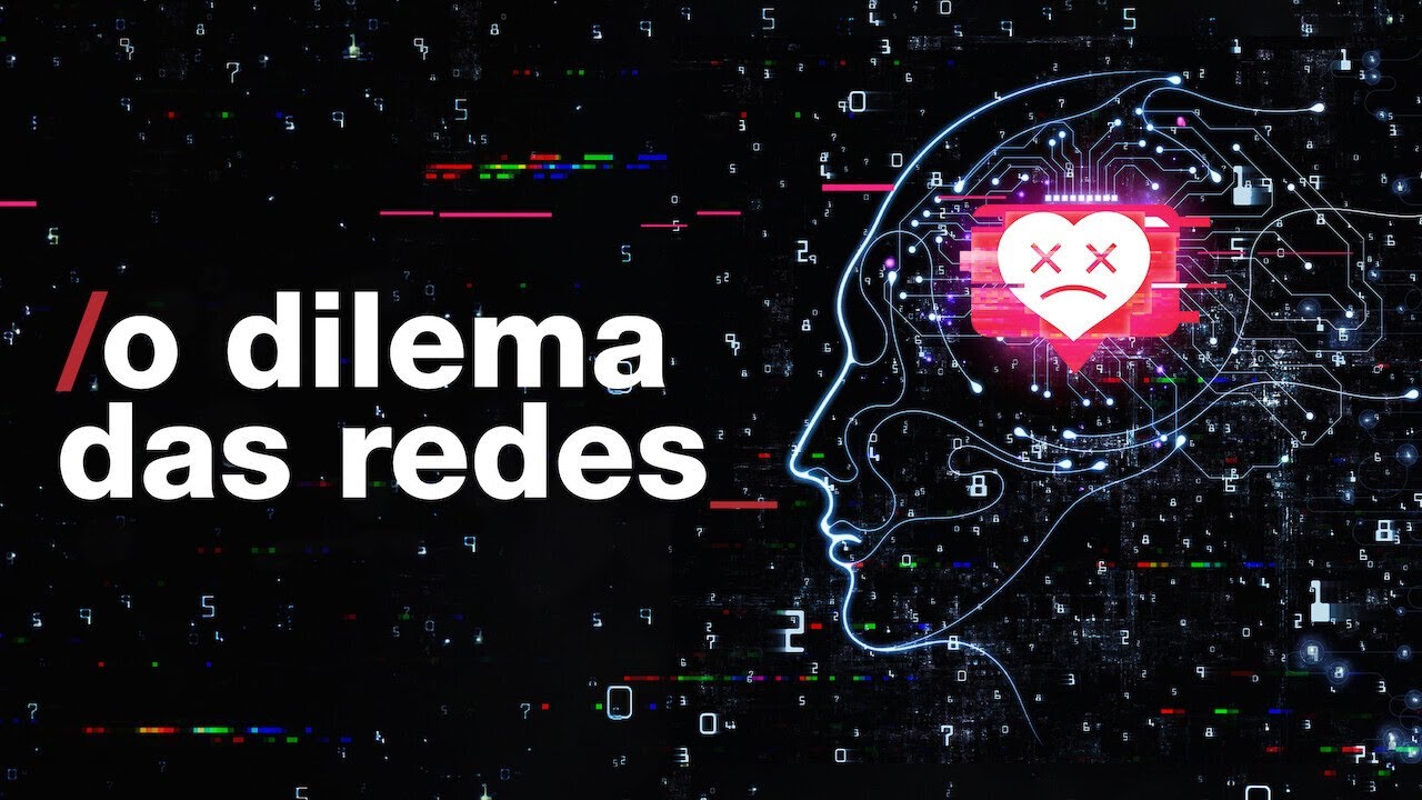 Cartaz do documentário O Dilema das Redes. Escrita em branco após um / em vermelho. Ao lado direito a imagem de uma cabeça contornada e dentro dela, o que seria o cérebro, vários pontos de luz interligados. No meio desse 