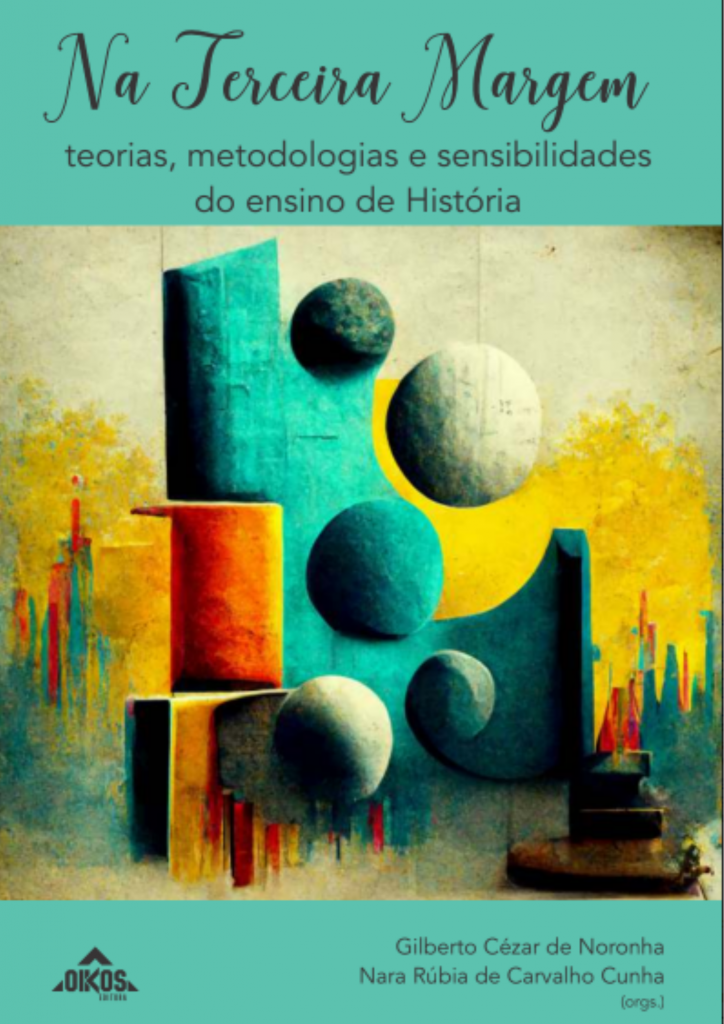 Capa do e-book com título, subtítulo, e nome dos organizadores, no centro várias formas geométricas e cor azul predominante.