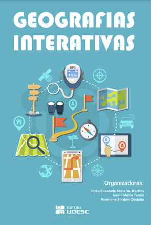 Capa com fundo azul e escrita em cor branca Geografias interativas. 